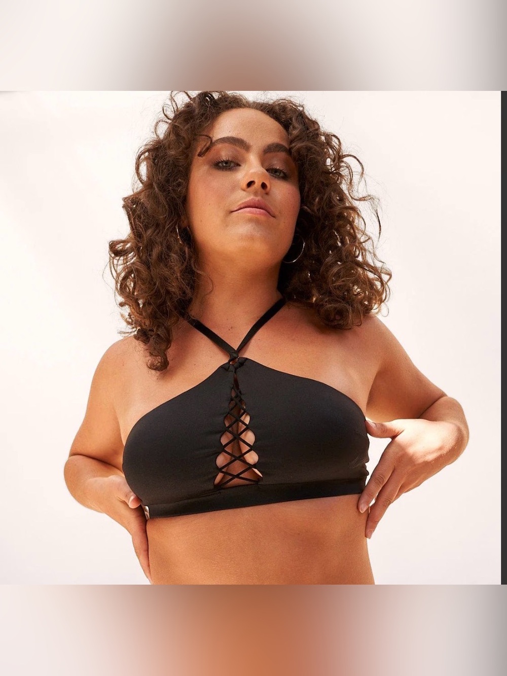 LUNALAE Kylie Black halter pole dance sport bra with criss-cross lacing detail 4